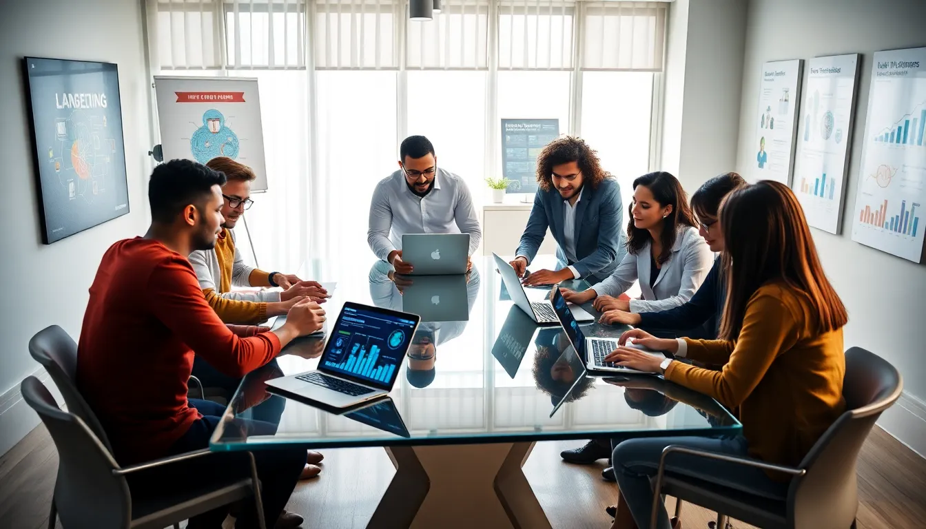 diverse team collaborating on edtech app development in a modern office.