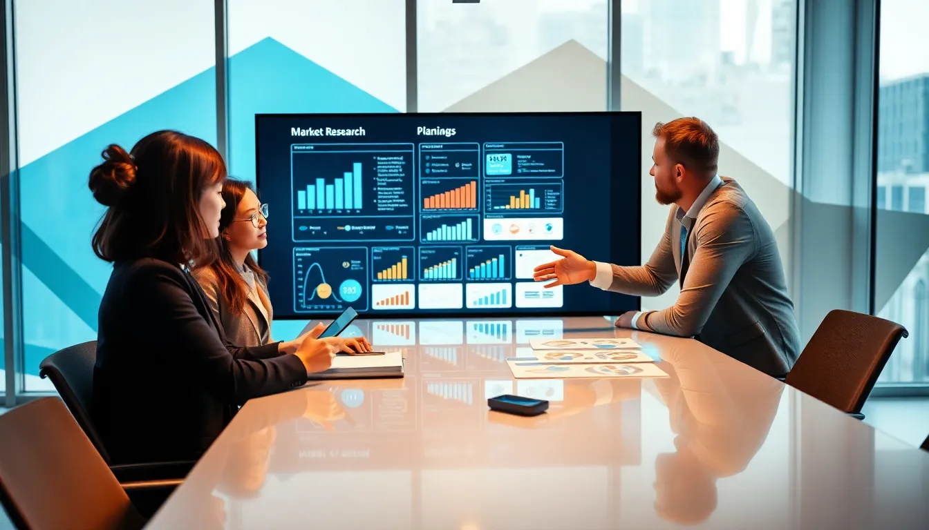 diverse team discussing market research for a social media platform.