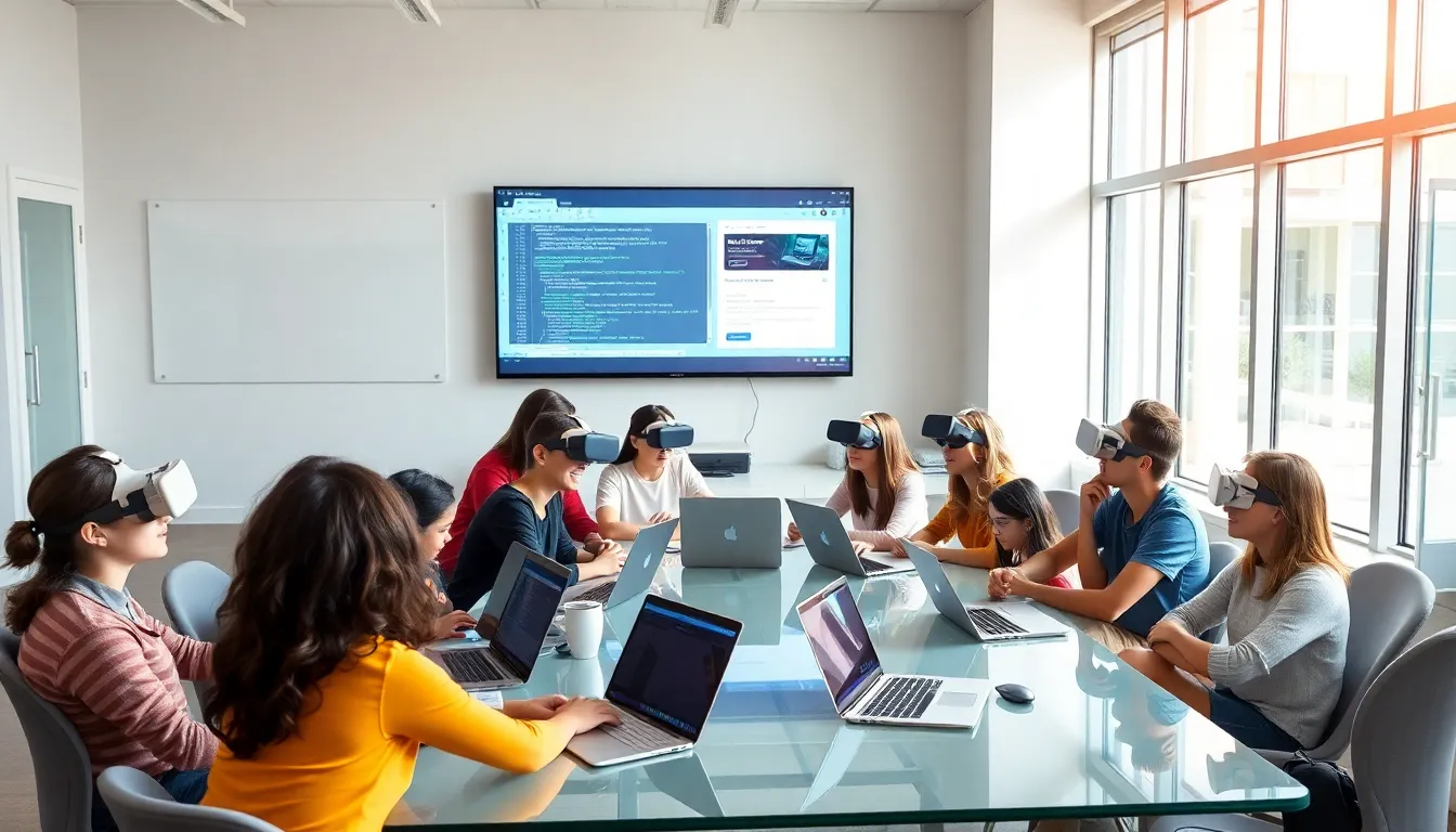 students collaborating using various EdTech resources in a modern classroom.