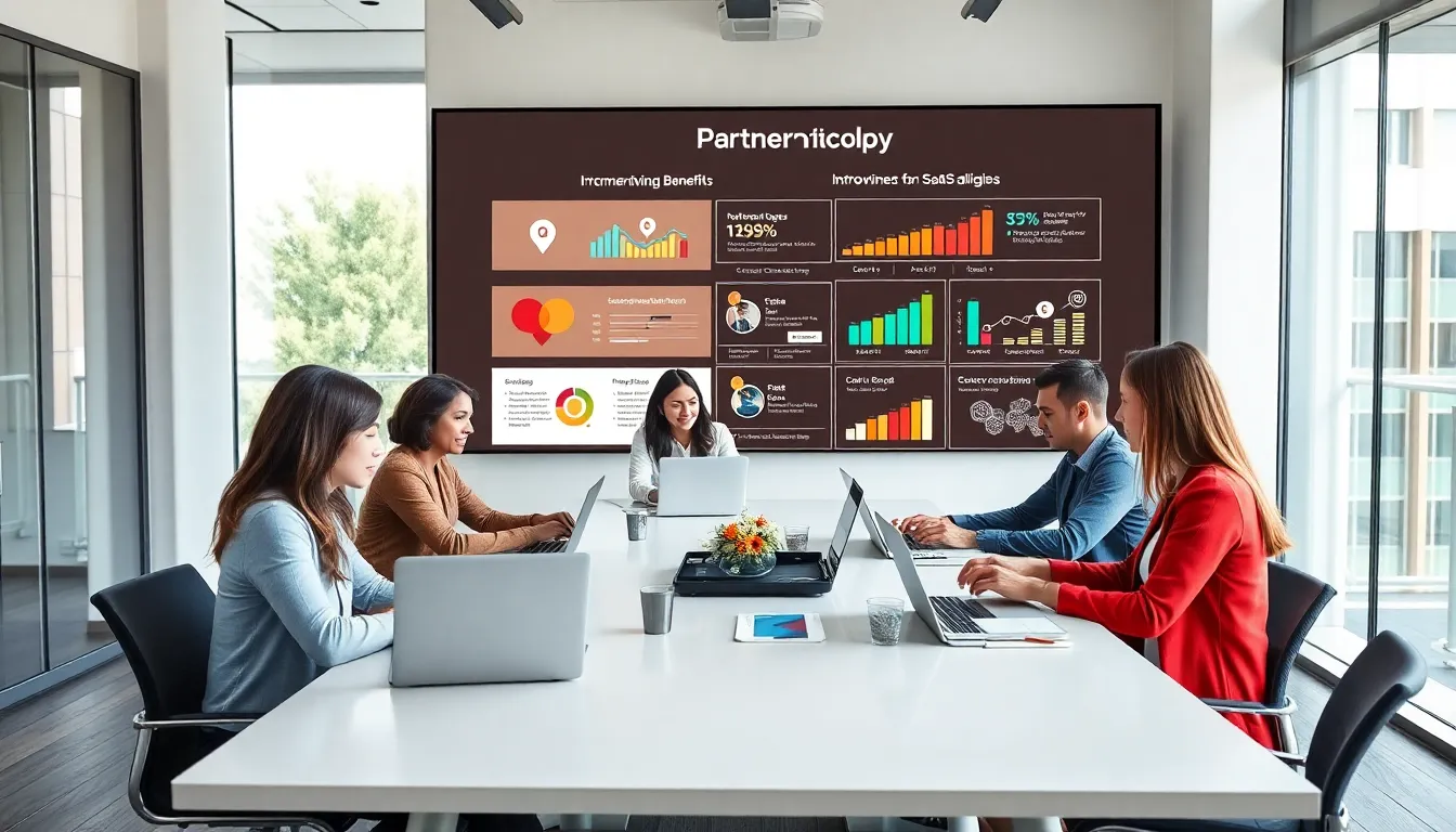 diverse professionals collaborating on a SaaS partner program in a modern office.