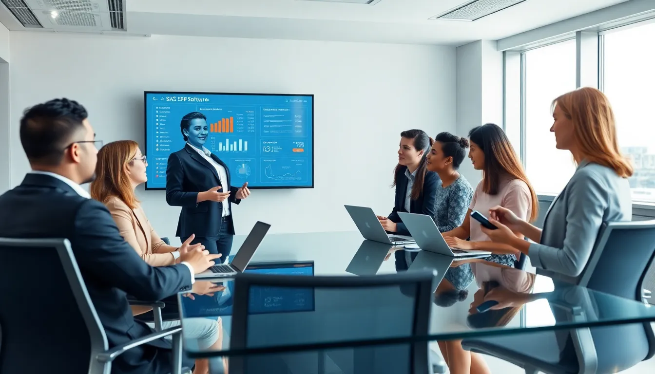 diverse professionals collaborating on SaaS ERP software in a modern office.