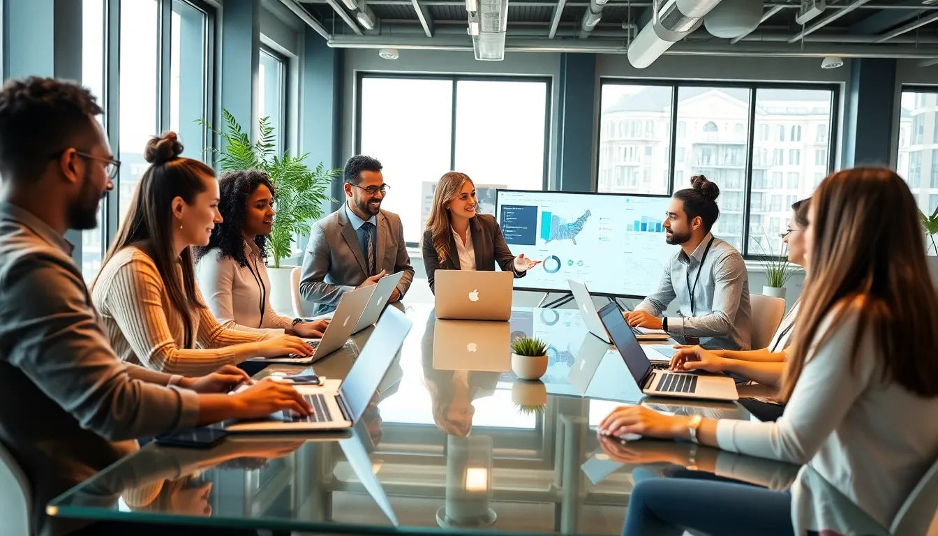 diverse team of social media marketing experts collaborating in a modern office.