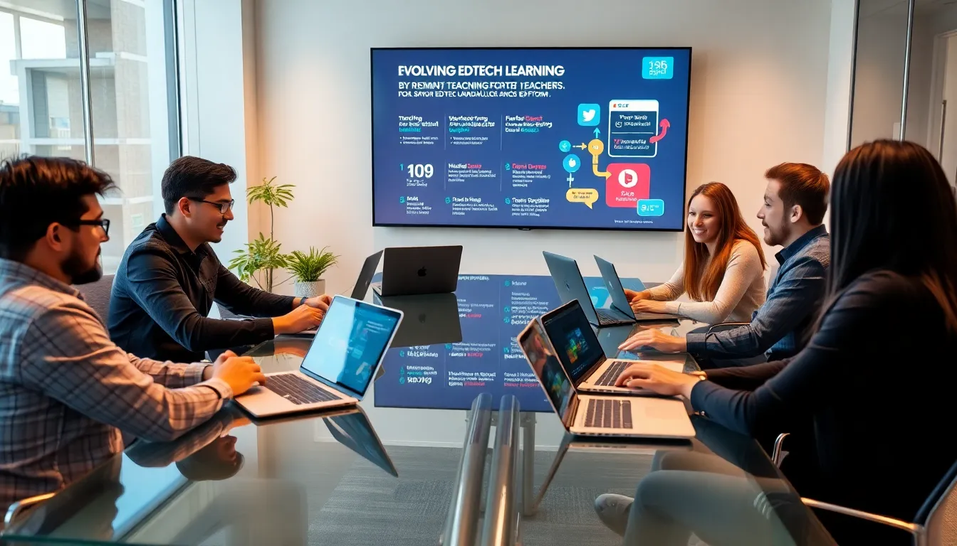 diverse team of former teachers collaborating in a modern office.