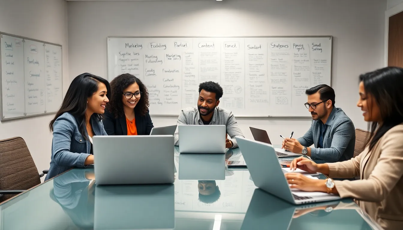 diverse content writers collaborating in a modern office setting.