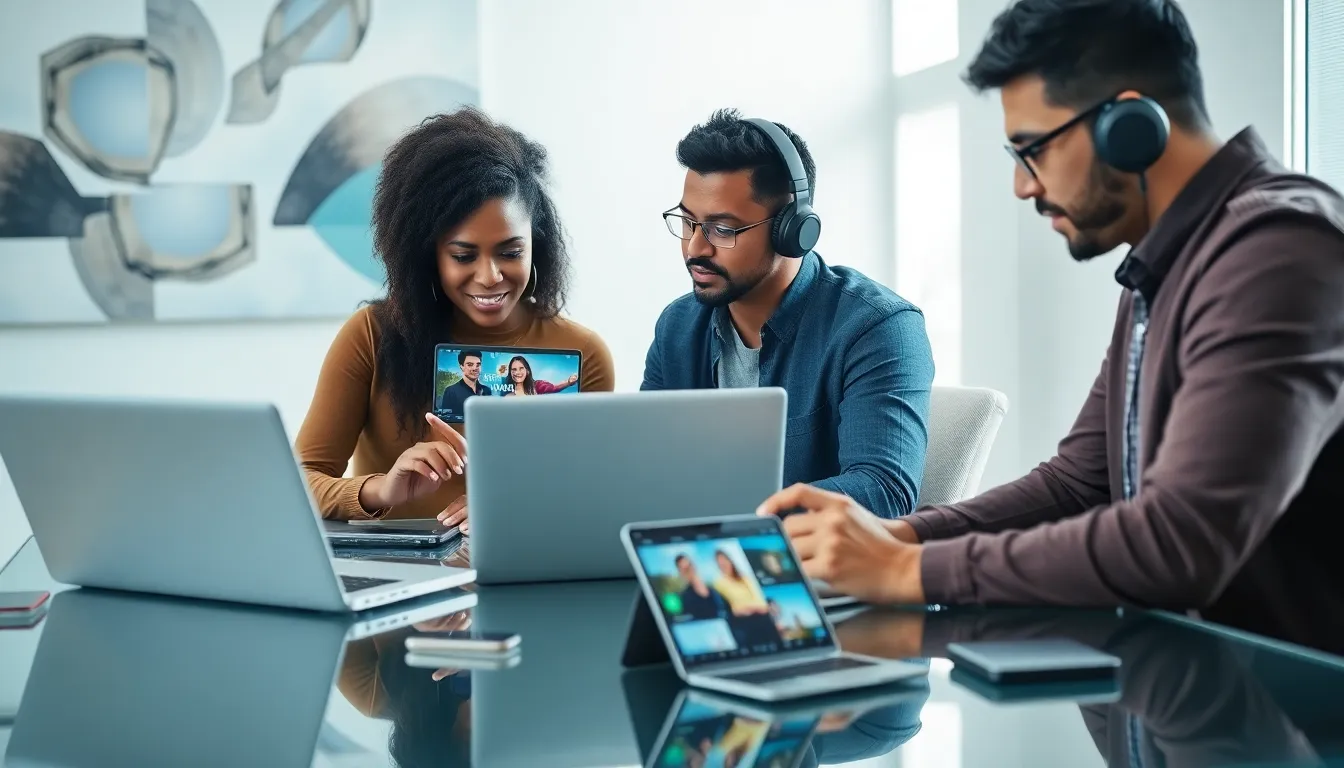 diverse team collaborating on social media video editing in a modern office.