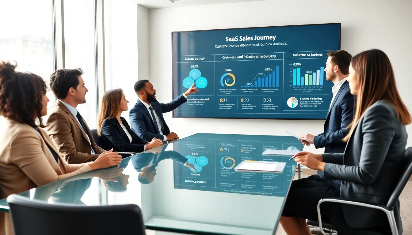 team discussing the SaaS sales process in a modern office.