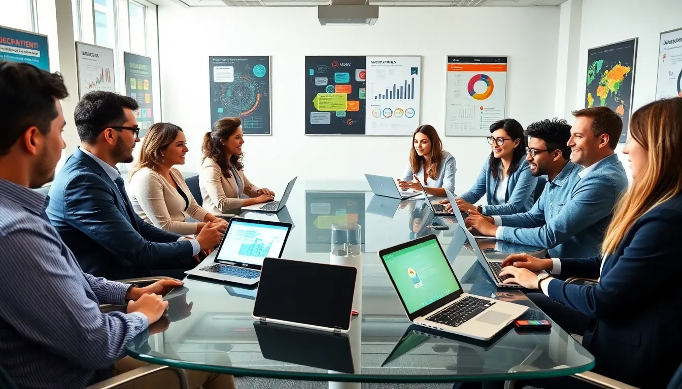 diverse professionals discussing educational technology investments in a modern meeting room.