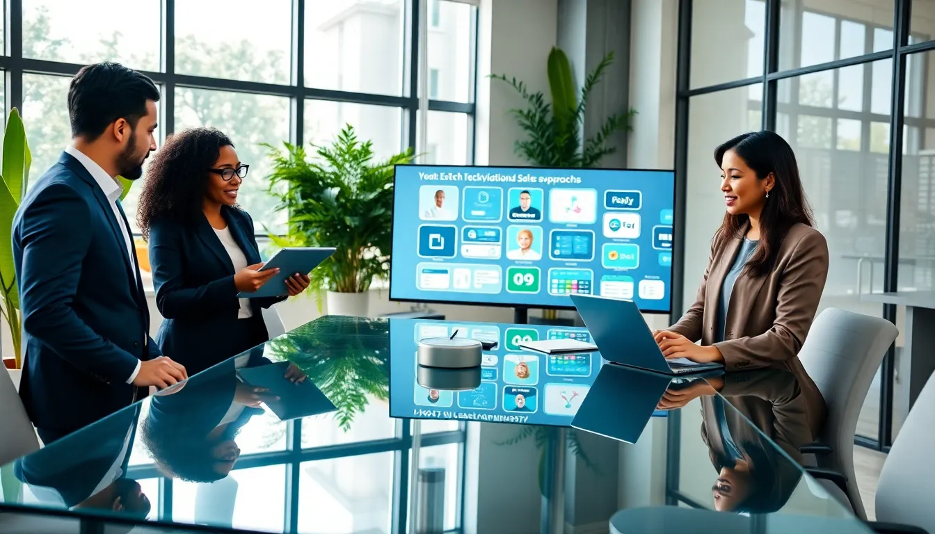 diverse professionals discussing EdTech sales in a modern office.
